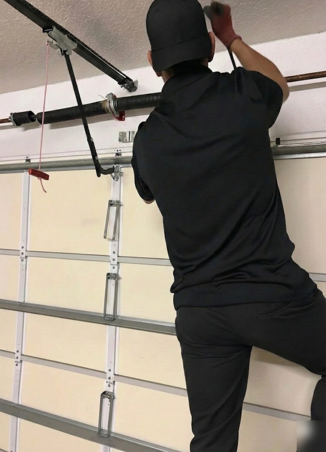 Technician reaching up to the top bracket of a white sectional garage door