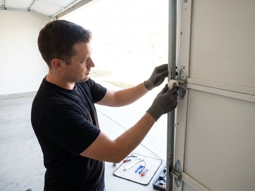 Technician in work gloves checking a roller in the door track