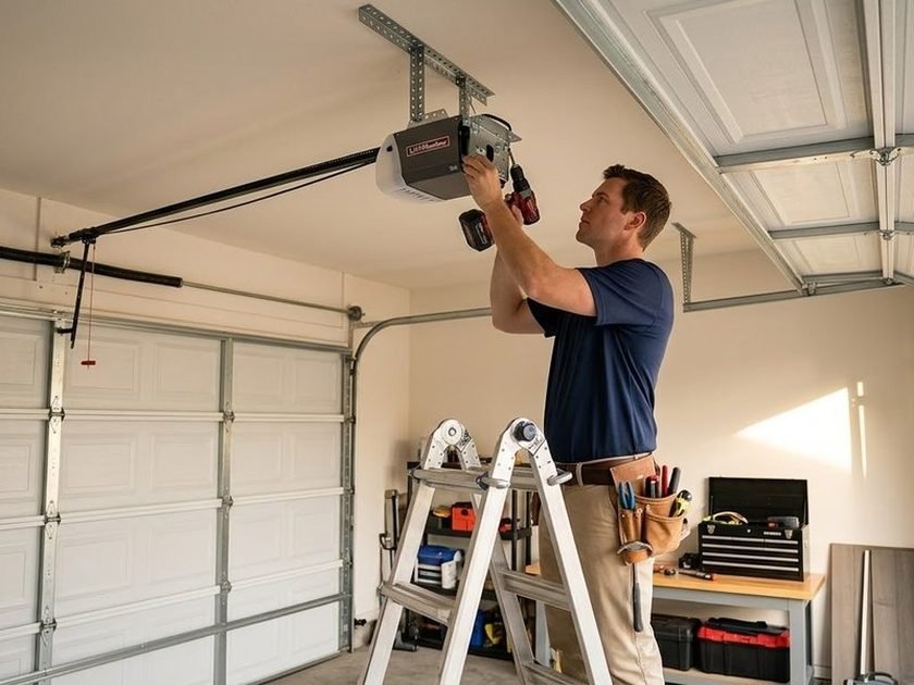 Technician on a ladder servicing a ceiling-mounted opener