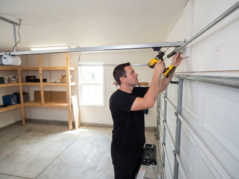 Technician drilling into an overhead opener rail near the garage ceiling