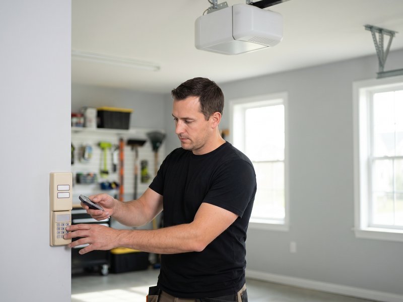 Technician setting up a wall-mounted opener control while checking a phone