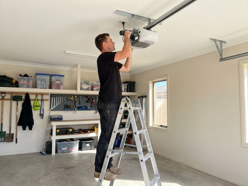 New garage door opener being mounted to the ceiling