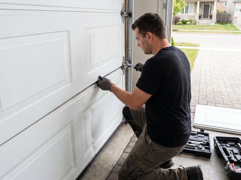 Technician working on the bottom section of a white raised-panel garage door