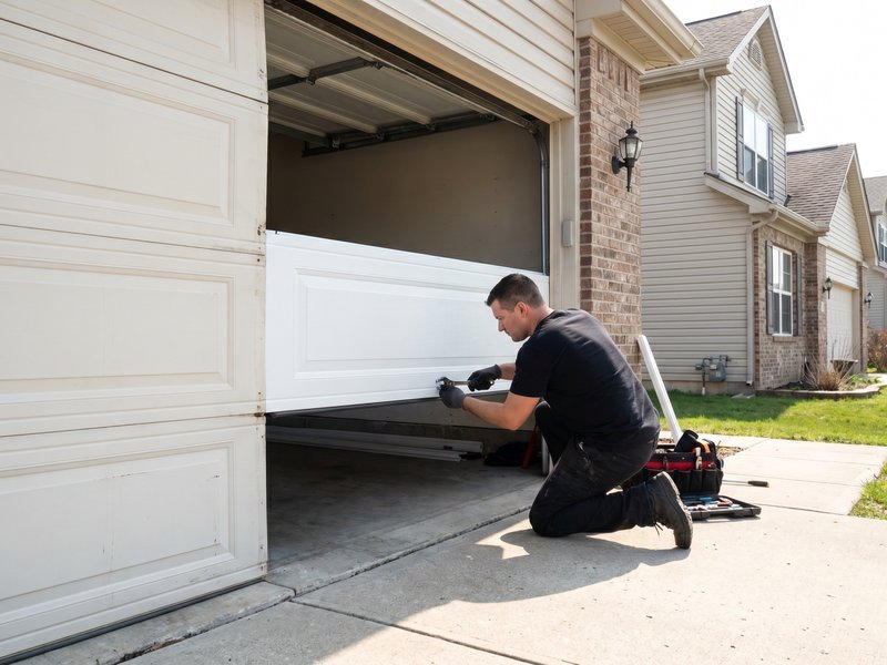 Technician kneeling beside a loose white door section while refitting a raised-panel garage door