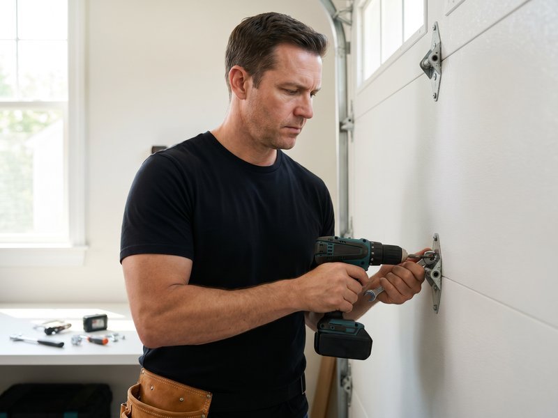 Technician fastening a hinge bracket to a white garage door panel with a cordless drill
