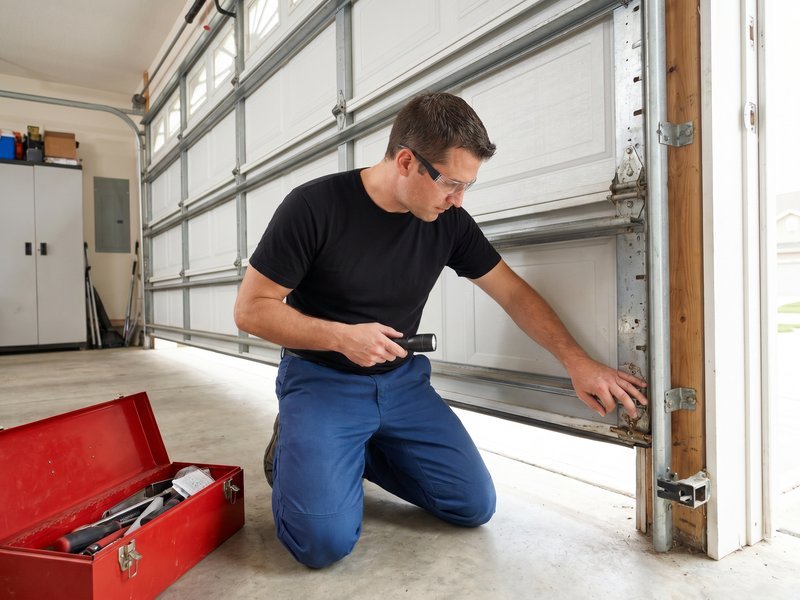 Technician in safety glasses checking the bottom track bracket of a white garage door
