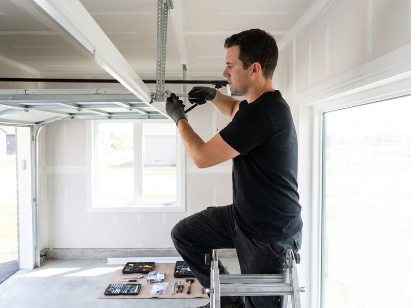 Technician in gloves on a stepladder adjusting the horizontal track hardware