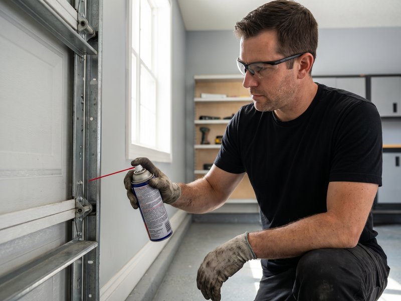 Technician in safety glasses spraying lubricant on a vertical door track