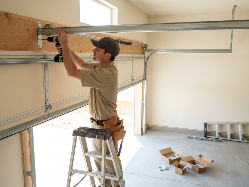 Technician on a stepladder fastening the horizontal track of a new door to the garage ceiling