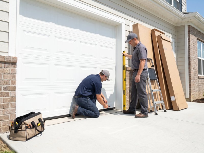 Two technicians leveling a new white raised-panel door, with packed door sections leaning on the wall